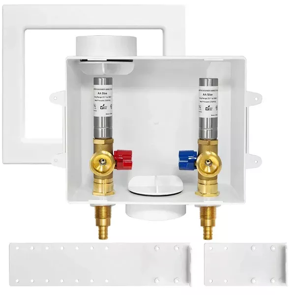 1/2" PEX Crimp (F1807) Inlet, Washing Machine Outlet Box, with Stainless Steel Water Hammer Arrestor