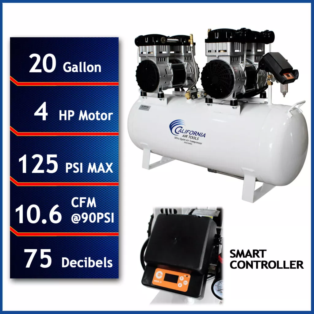 CALIFORNIA AIR TOOLS 20040SM Powerful 4.0 Hp SMART Ultra Quiet & Oil-Free 20 Gallon Air Compressor - California Air Tools