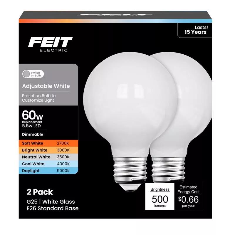 Feit G25 E26 (Medium) LED Bulb Adjustable White 60 Watt Equivalence 1