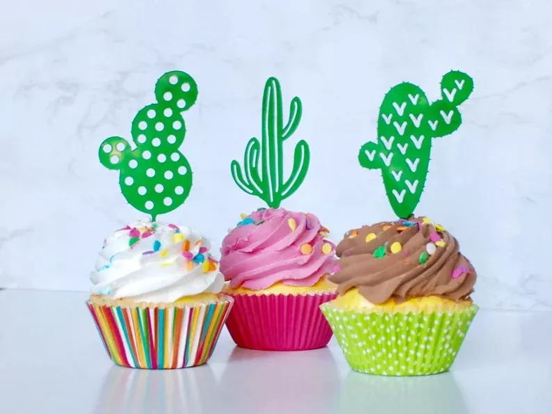 Fiesta Cactus Cupcake Toppers (set of 6), Llama birthday/baby shower/party decor